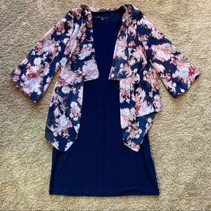 Navy dress with attached floral shawl